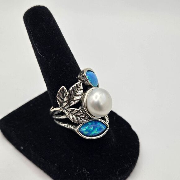 Didae Shablool 925 Sterling Silver Israel Blue Fire Opal Ring Size 7 Pearl - Picture 3 of 6